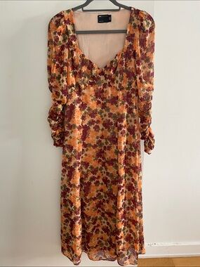 Reformation Rust Multi Floral Midi Dress with Puff Sleeves